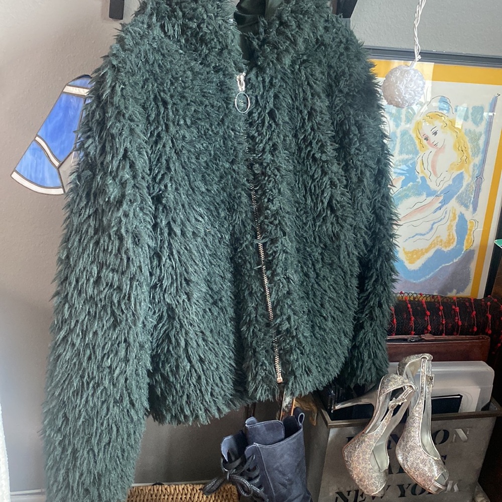 Guess M Hooded Zip Green Faux Fur Bohemian Jacket-